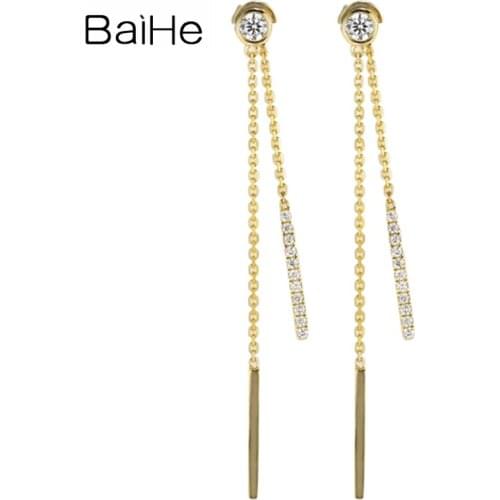 BAIHE Solid 18K Yellow Gold 0.20ct H/SI Round Natural Diamond Stud Wedding Trendy Fine Jewelry Long Earrings for Women серьги