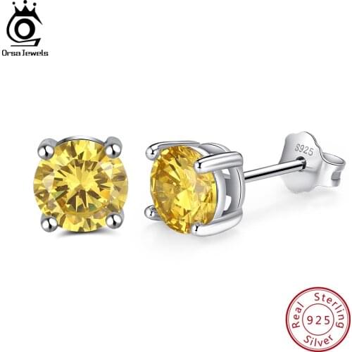 ORSA JEWELS Real 925 Sterling Silver Stud Earrings For Women AAA Yellow Cubic Zircon Mini Size Earring Fashion Jewelry SE84-Y