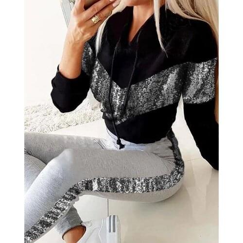 Women Tracksuits Sequin Patchwork Hoodie Crop Tops And Long Pants Casual Two Piece Set 2 Piece Set Sportswear