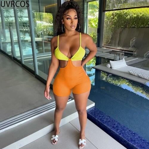 UVRCOS Sexy Jumpsuit Summer Outfits For Women 2021 Two Color Patchwork Panelled Side Hollow Out Camis Skinny Overalls For Womens