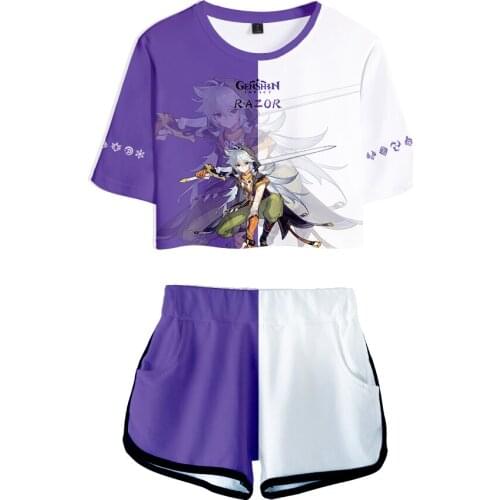Purpleand White Sets 3D Genshin Impact Women Two Pieces Fashion Shorts+Crop Tops T-shirt Summer Hip Hop Girls Cartoon Suits