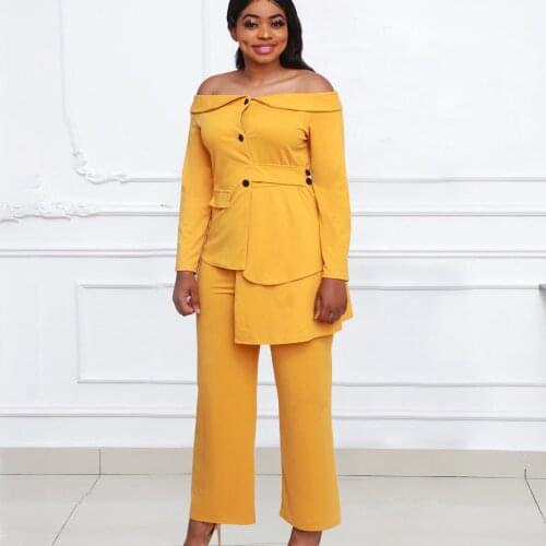 Two Piece Pant Set Long Sleeve Office Lady Sladh Neck Jacket Tops Pants Suit 2 Matching Piece Outfit For Woman Business Party