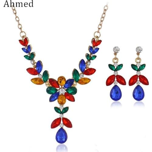 Ahmed Vintage Colorful Crystal Flower Jewelry Sets For Women Statement Necklace Earring Set Costume Wedding Party Jewelry
