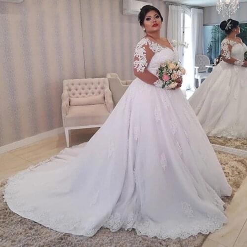 Plus Size Ball Gown Wedding Dresses 2021 Lace Long Sleeves Pearls Beading Bridal Wedding Dress Illusion Neckline Court Train