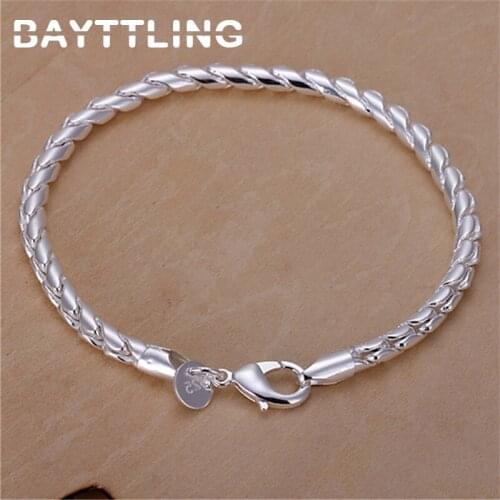 BAYTTLING 8 Inch 925 Sterling Silver 4MM Twisted Rope Snake Chain Bracelet For Woman Man Fashion Wedding Party Jewelry Gift