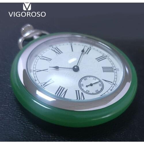 Luxury Pocket Watch Mechanical Wind Up Green Jade&Stainless Steel Pouch Fob Watch Christmas Graduation Birthday Collection Gifts