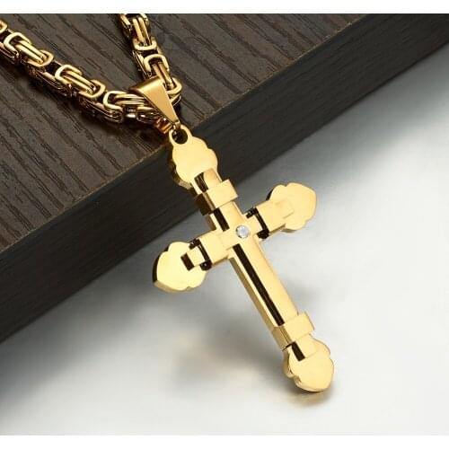 Elegant Christian Crystal Cross Pendant With 5mm Byzantine Chain Necklace Stainless Steel Cold Mens Womens Jewelry Friend Gift