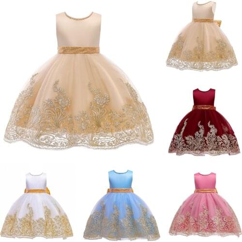 FOCUSNORM 4-8Y Summer Kids Girls Lace Princess Dress Pearl Sequins Bow Flower Embroidery Sleeveless Tutu Dress