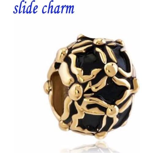 Slide charm Free shipping Plus dark golden beads fit Pandora charm bracelet hand jewelry accessories