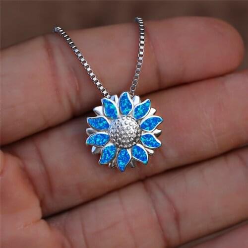Dainty Female Blue Opal Pendant Necklace Classic Silver Color Chain Necklaces For Women Vintage Sun Flower Wedding Necklace