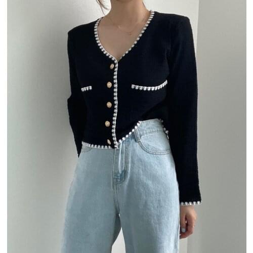 Women Cardigan 2021 Spring Korean Fashion Vintage Black Whte Patchwok V Neck Long Sleeve Knitted Sweater Knitwear T524