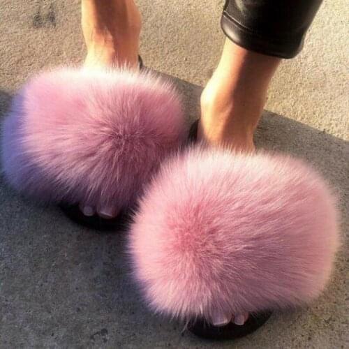 Summer Women Real Fox Fur Slippers Ladies Plush Slides Furry Party Sandals Female Fluffy House Shoes Girls Cute Flip Flops 2021