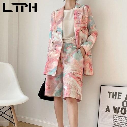 LTPH Gradient Graffiti Short Suits 2 piece set women Double Breasted Blazer High waist Knee length shorts Outfits 2021spring new