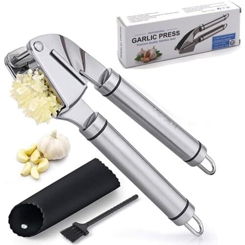 Premium Garlic Press Set Stainless Steel Mincer Crusher And Peeler Set Professional Grade Easy Clean Dishwasher Safe And Rust-p