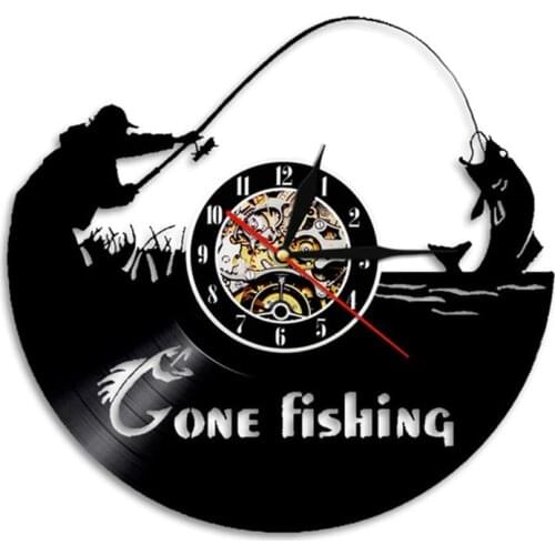 Gone Fishing Fish Rod Wall Clock Fisherman Home Decor Fishing Vinyl Record Wall Clock Timepieces Handmade Gift For Fishermen