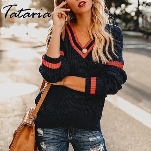 New V-Neck Striped Sweater Women 2021 Autumn Winter Classic Vintage Color Matching Pullovers Knited Top Girl Navy Streetwear
