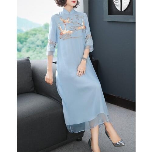 New autumn original Chinese tea style crane Embroidered big size mandarin collar button Cheongsam loosen dress for women