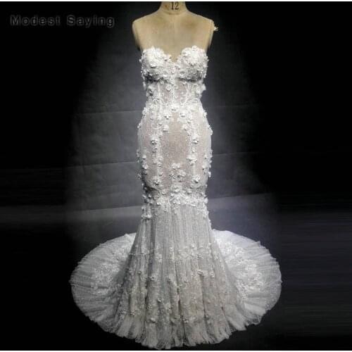 New Fashion Romantic Mermaid Flowers Lace Wedding Dresses 2018 with Sweetheart Beaded Bridal Gowns with Nude Lining for Summer