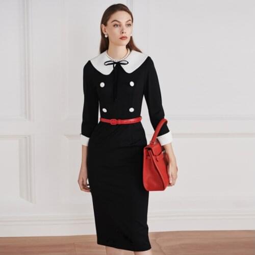 Peter Pan Collar Preppy Style Spring Autumn Women Dress Long Sleeve Waist Belt Pencil Lady Dresses Black Color Contrast OL Skirt
