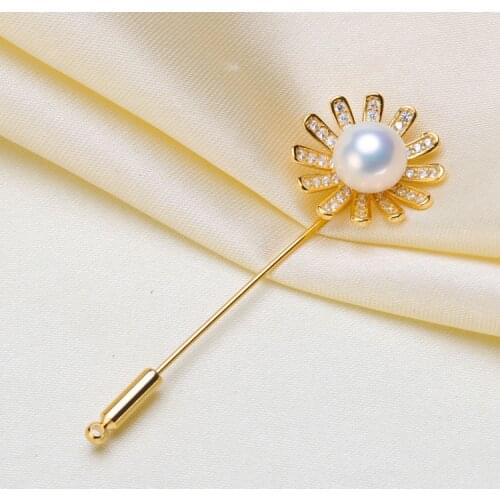 S925 Sterling Silver Sunflower Design Pearl Breastpin Accessory Silver&Gold Color Women DIY Pearl Brooches Holder 3Pcs/lot