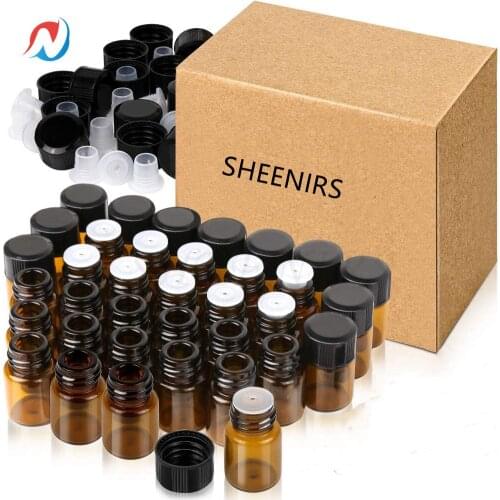 Sheenirs 100pcs 2ML amber Vial Essential Oil Bottles 5/8 Dram Small Sample brown Glass Jars With Orifice Reducers Black Cap
