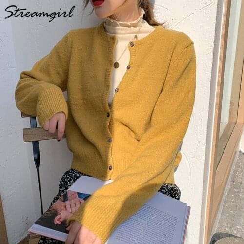 Streamgirl Loose Short Vintage Cardigan Knitted Coats For Women Spring 2021 Women Cardigan With Buttons Sweaters Long Sleeve Top