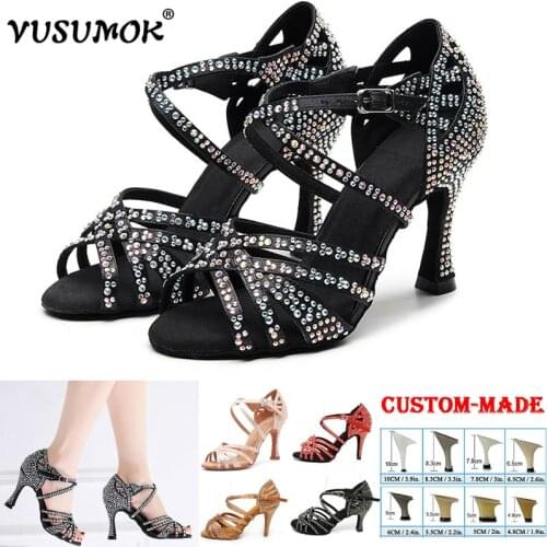 VUSUMOK Women Latin Dance Shoes Satin Shining rhinestones Ladies Girls Tango Salsa Shoes Open Toe High Heels zapatos mujer