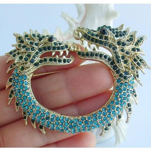 Unique Dragon Brooch Pin Pendant Blue Green Rhinestone Crystal EE05007C6