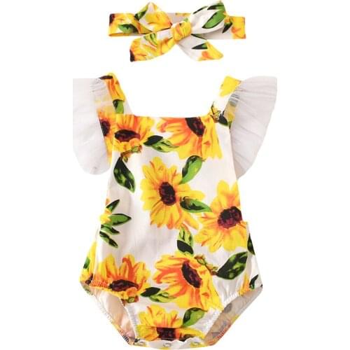 VOGUEON Cute Baby Girls Romper + Headband Clothes Summer Cotton Sunflower Bodysuit Baby Jumpsuit Outfits Newborn Infant Clothes
