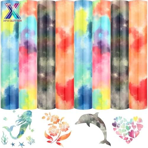 XFX HTV 8 Pcs 12x10 In Rainbow HTV Tie Dye Iron on Vinyl for T-Shirt Fabric Reflective Clouds Watercolor HTV Bundle DIY T-Shirt