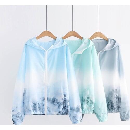 Women Cycling Sport Windbreaker Quick Dry Sunscreen Rain Jacket Gradient Zipper Skin Jackets Outdoor Lightweight Casual Hoodie