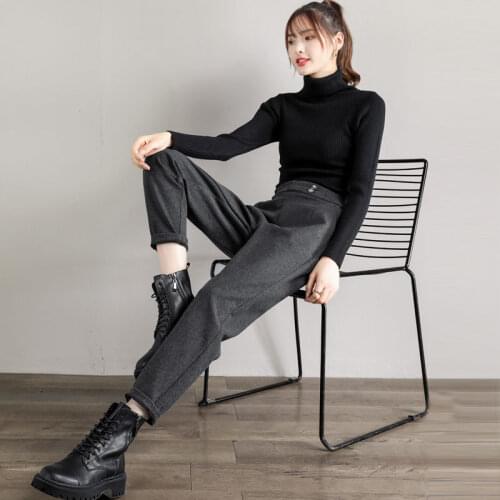 Women 2021 Autumn Winter New Loose Straight Casual Pants Female High Waist Woolen Pants Ladies Solid Color Warm Trousers M748