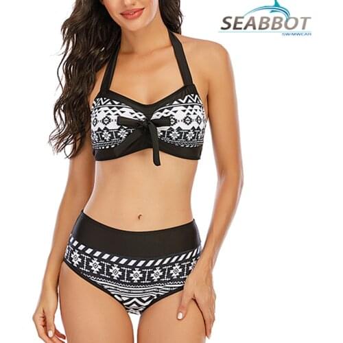 Plus Size Swimwear Halter Women Sexy Deep-v Bikini Vintage Print Swimsuit Summer Bathing Suits Female Swimwear