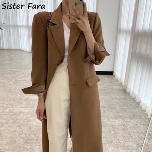 Sister Fara 2021 Autumn Winter Long Notched Windbreaker Women Elegant Single Breasted Suit Trench Coat Female Loose Trench Coat