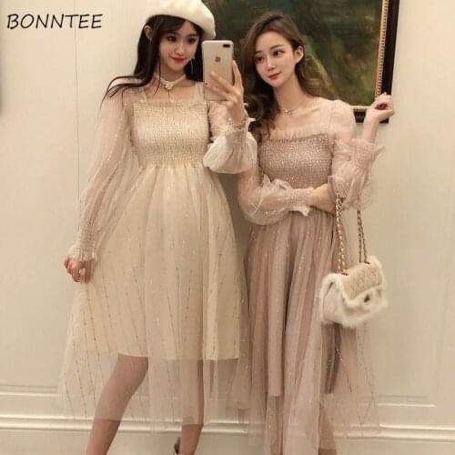 Dress Women Elegant Princess Style Long Sleeve Square Collar Lurex Sweet Stylish High Waist Ladies Vestidos Chic Ins Fashionable