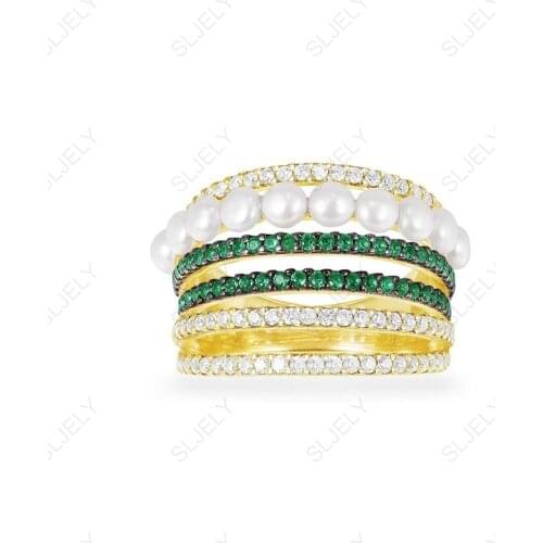 SLJELY Real 925 Sterling Silver White & Green Zircon Multi Hoop Circles Finger Ring with Pearls Women Yellow Gold Color Jewelry