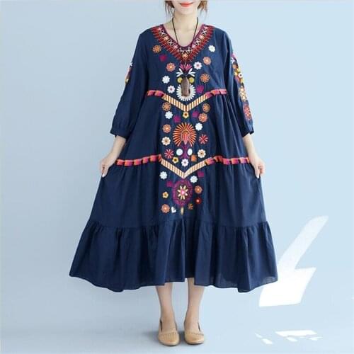 2020 Womens Autumn Dresses Plus Size Women Embroidery Clothing Ruffled National Style Autumn Dresses