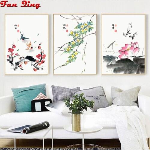 3pcs 3D DIY Diamond Embroidery,Cross Stitch,Painting Chinese style painting simple flowers Full Square Round Diamond Painting