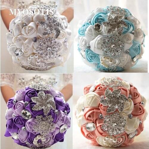 Satin Flower Bride Wedding Hand Bouquet with Crystal Rhoinestones Jewelry Artificial Flowers Bridal Marriage Brooch Bouquet