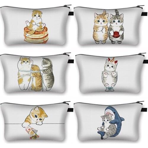 Kawaii Work Cat Printing Cosmetic Bag Children Mini Handbags Cats Blowing Fan Women Lipstick Bag Portable Cosmetic Bags