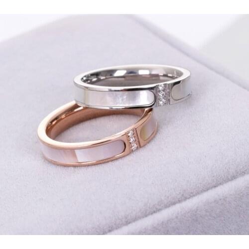 Martick Stainless Steel White Shell Rings Rose Gold/ Silver Color Cubic Zircon Rings For Woman Fashion Jewelry Size 5-9 R4