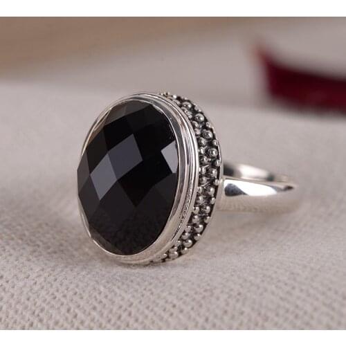 FNJ 925 Silver Ring 100% Original Real S925 Solid Silver Rings for Women Jewelry Fine Adjustable Black Agate Stone