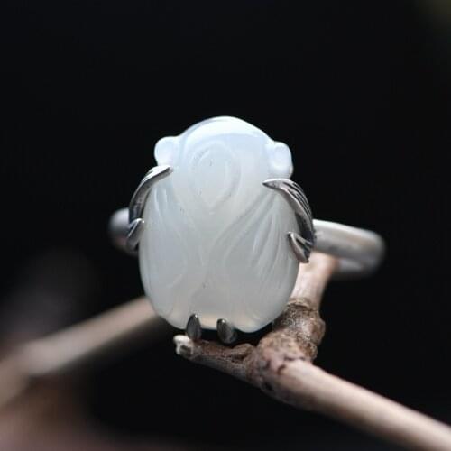 FNJ 925 Silver Ring for Women Jewelry 100% Original Pure S925 Sterling Silver Rings Flower Natural Heitan Jade