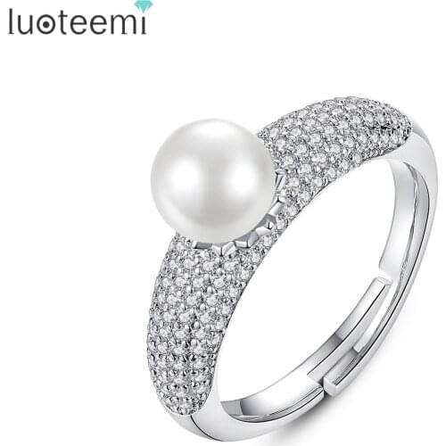 LUOTEEMI Resizable Statement Female Rings Small Cubic Zircon Paved Imitation Pearl Fashion Jewelry for Women Dating Engagement