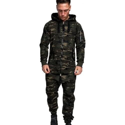 Mens Jumpsuit One Piece Mens Sets New Mens Hooded Fleece Jumpsuit Male Camouflage Print Personality Casual Suits Man