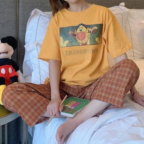 Disney Cartoon Tigger Donald Duck Winnie the Pooh Dumbo Cute Kawaii Ensembles De Pyjama Set Summer T Shirt and Plaid Pants Lady