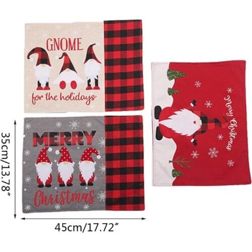 M17D Merry Christmas Faceless Gnome Plaid Linen Placemat Non Slip Heat-Resistant Washable Table Mat Kitchen Dinning Home Deco