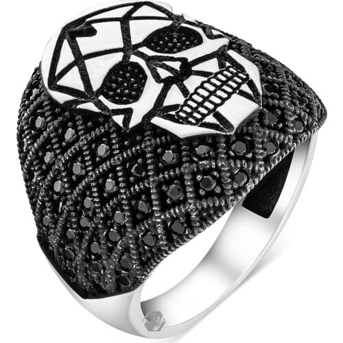Solid 925 Sterling Silver Black Micro Stone Skull Mens Ring