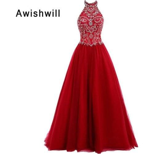 Charming Halter Prom Dresses 2020 Beading Rhinestones A-line Sexy Open Back Long Evening Dress Vestido de Festa Robe de Soiree