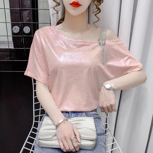 Off-the-shoulder clothes short-sleeved womens clothing 2021 new trendy Korean style age-reducing t-shirt ladies loose